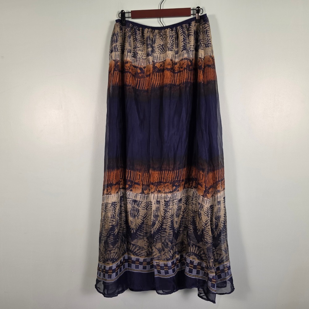 Soft Surroundings Navy Batik Print Chiffon Maxi Skirt Large Boho Lined 25114